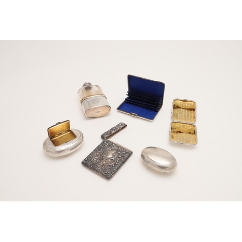 284 - A MIXED LOT OF SILVER. including an embossed card case, an engraved card case, a squeeze-action toba... 