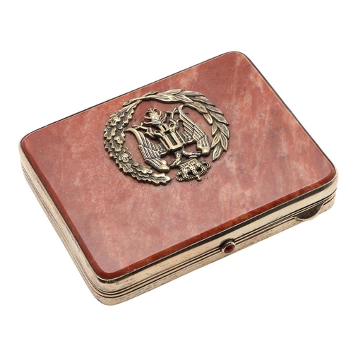 285 - A 20TH CENTURY RUSSIAN SILVERGILT MOUNTED CIGARETTE CASE. with a red marble or hardstone body, a cab... 