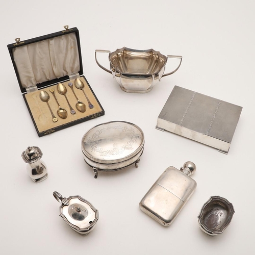 286 - A MIXED LOT OF SILVER. including a sugar basin, a spirit flask, a cased set of 5 (one missing) silve... 