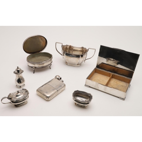 286 - A MIXED LOT OF SILVER. including a sugar basin, a spirit flask, a cased set of 5 (one missing) silve... 