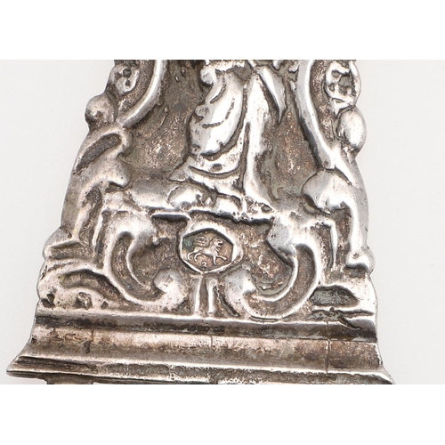 296 - A DUTCH SILVER BELT. with alternating panels decorated in relief with figures within scroll borders,... 