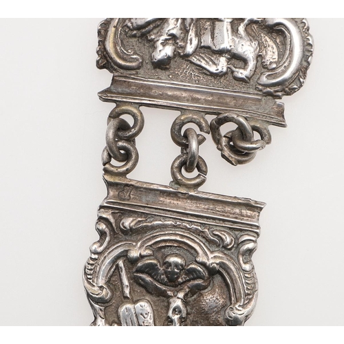 296 - A DUTCH SILVER BELT. with alternating panels decorated in relief with figures within scroll borders,... 