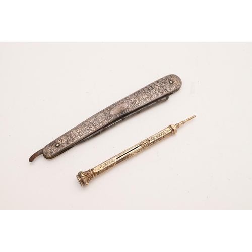 299 - A VICTORIAN 9CT. GOLD COMBINED PEN & PROPELLING PENCIL. with an engraved hexagonal body, inscribed a... 