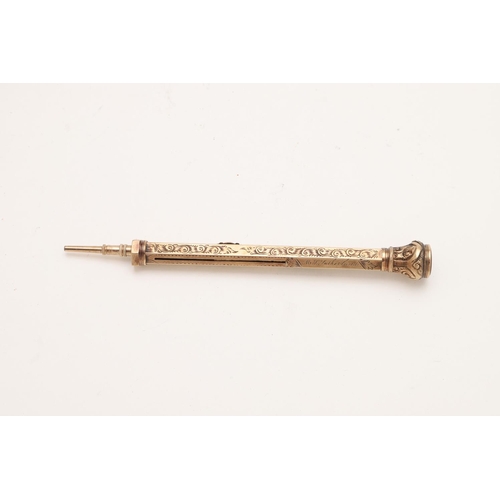 299 - A VICTORIAN 9CT. GOLD COMBINED PEN & PROPELLING PENCIL. with an engraved hexagonal body, inscribed a... 