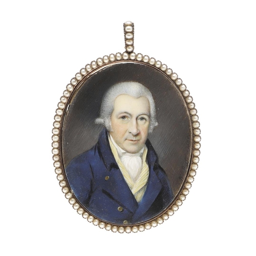 303 - WILLIAM BATE. Miniature portrait of a gentleman wearing wig, blue jacket and yellow striped waistcoa... 