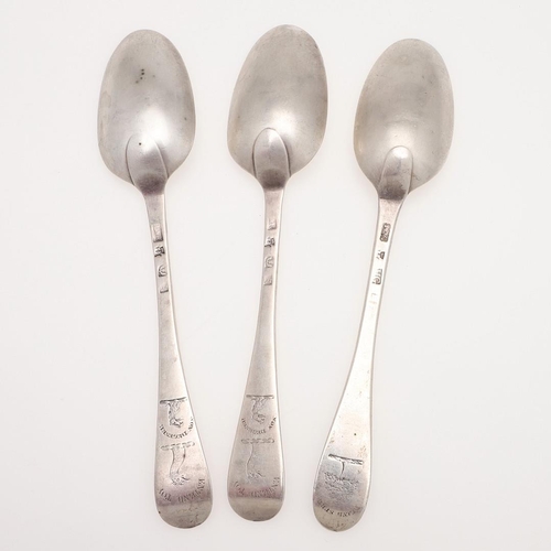 31 - A PAIR OF GEORGE III HANOVERIAN PATTERN SCOTTISH SILVER TABLE SPOONS. crested, by Lothian & Robertso... 