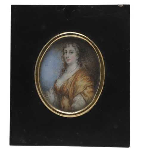 318 - MANNER OF SIR PETER LELY. Miniature portrait of a lady wearing pearl necklace and earrings and yello... 