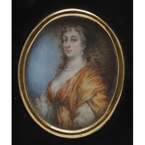 318 - MANNER OF SIR PETER LELY. Miniature portrait of a lady wearing pearl necklace and earrings and yello... 