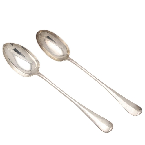 4 - A PAIR OF EDWARDIAN HANOVERIAN PATTERN SILVER BASTING SPOONS. with plain rattails, by Mappin & Webb,... 