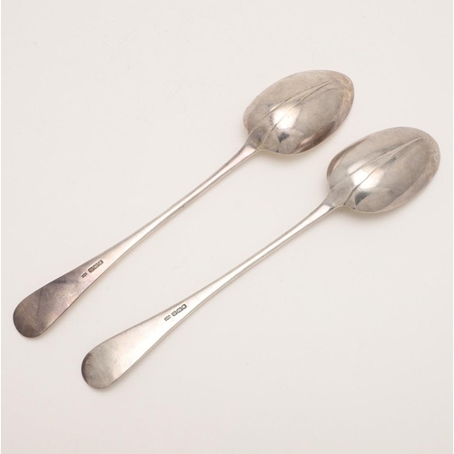 4 - A PAIR OF EDWARDIAN HANOVERIAN PATTERN SILVER BASTING SPOONS. with plain rattails, by Mappin & Webb,... 