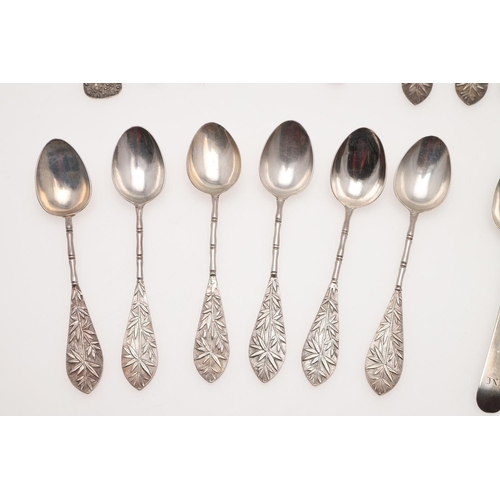 41 - TWO CASED SETS OF SIX LATE 19TH/ EARLY 20TH CENTURY CHINESE SILVER TEASPOONS. decorated with bamboo ... 