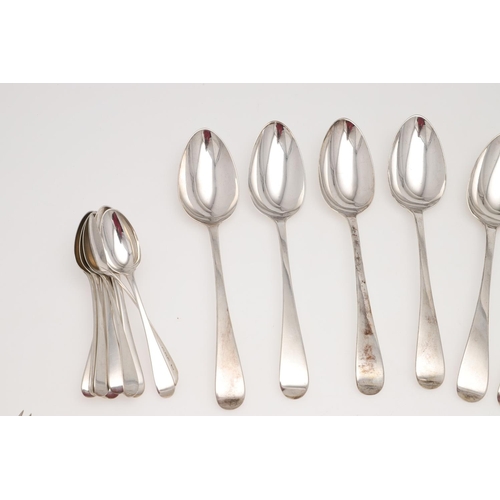 43 - A GEORGE III SILVER FLATWARE SERVICE FOR TWELVE. Old English pattern, comprising of 12 table forks, ... 