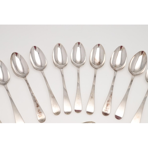 43 - A GEORGE III SILVER FLATWARE SERVICE FOR TWELVE. Old English pattern, comprising of 12 table forks, ... 