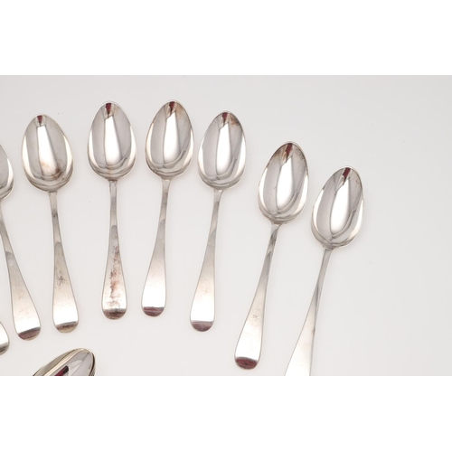 43 - A GEORGE III SILVER FLATWARE SERVICE FOR TWELVE. Old English pattern, comprising of 12 table forks, ... 