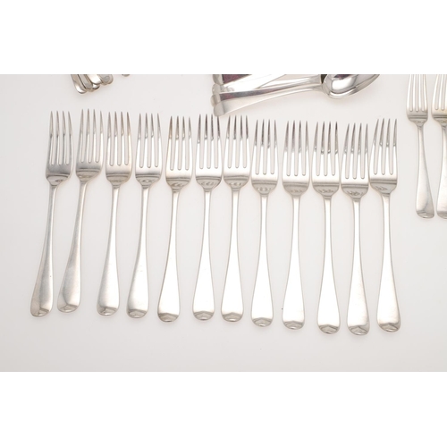 43 - A GEORGE III SILVER FLATWARE SERVICE FOR TWELVE. Old English pattern, comprising of 12 table forks, ... 