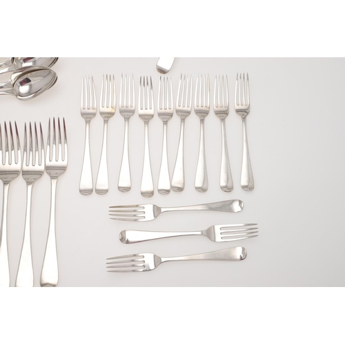 43 - A GEORGE III SILVER FLATWARE SERVICE FOR TWELVE. Old English pattern, comprising of 12 table forks, ... 