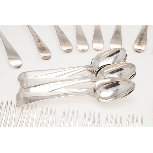 43 - A GEORGE III SILVER FLATWARE SERVICE FOR TWELVE. Old English pattern, comprising of 12 table forks, ... 