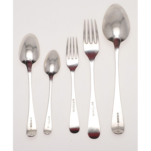 43 - A GEORGE III SILVER FLATWARE SERVICE FOR TWELVE. Old English pattern, comprising of 12 table forks, ... 