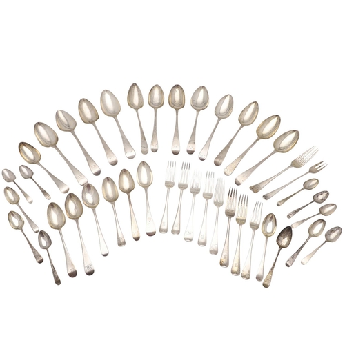 44 - A MIXED LOT OF SILVER FLATWARE. Old English pattern, including 12 table spoons, a table fork, 8 dess... 