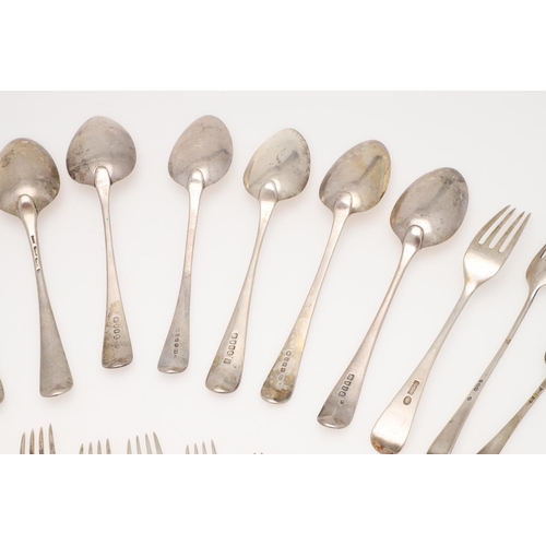 44 - A MIXED LOT OF SILVER FLATWARE. Old English pattern, including 12 table spoons, a table fork, 8 dess... 