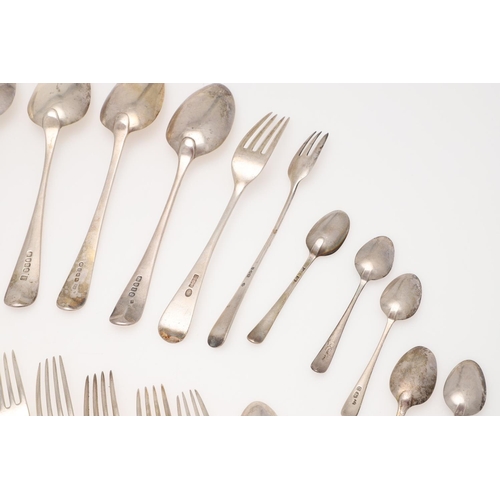 44 - A MIXED LOT OF SILVER FLATWARE. Old English pattern, including 12 table spoons, a table fork, 8 dess... 