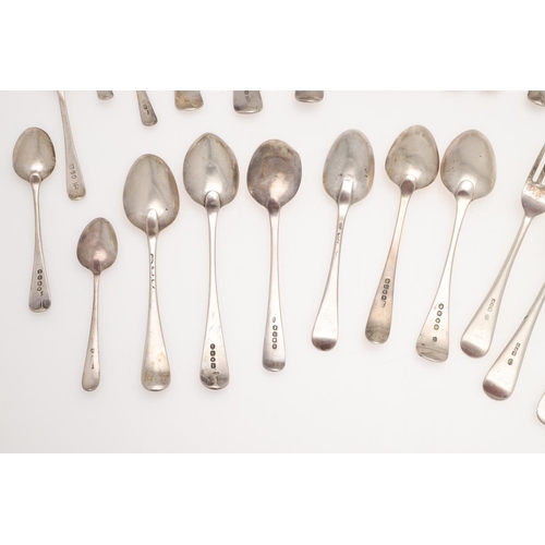 44 - A MIXED LOT OF SILVER FLATWARE. Old English pattern, including 12 table spoons, a table fork, 8 dess... 