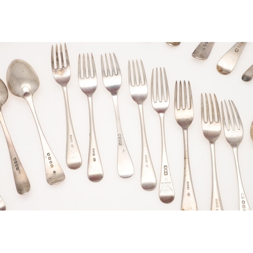 44 - A MIXED LOT OF SILVER FLATWARE. Old English pattern, including 12 table spoons, a table fork, 8 dess... 