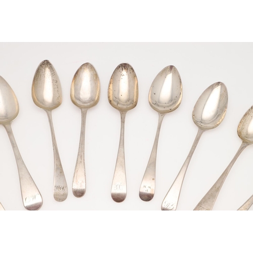 44 - A MIXED LOT OF SILVER FLATWARE. Old English pattern, including 12 table spoons, a table fork, 8 dess... 