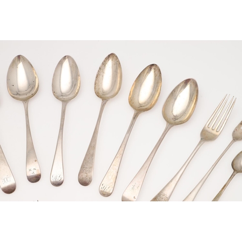 44 - A MIXED LOT OF SILVER FLATWARE. Old English pattern, including 12 table spoons, a table fork, 8 dess... 