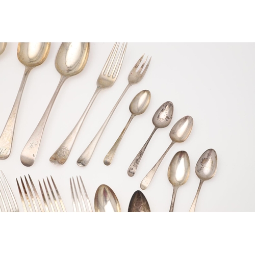 44 - A MIXED LOT OF SILVER FLATWARE. Old English pattern, including 12 table spoons, a table fork, 8 dess... 