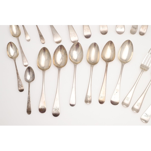 44 - A MIXED LOT OF SILVER FLATWARE. Old English pattern, including 12 table spoons, a table fork, 8 dess... 