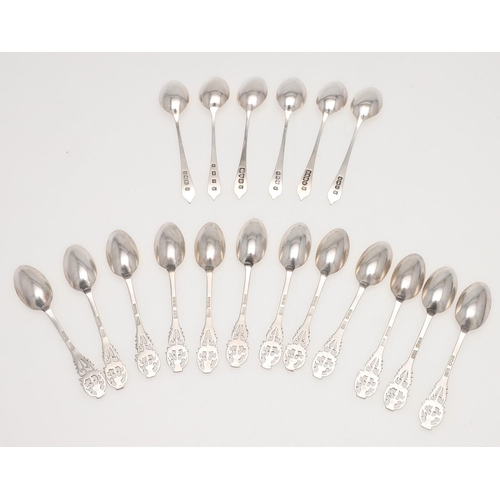 49 - TWO CASED SETS OF SILVER TEASPOONS. a set of twelve, with bright-cut stems and thistle terminals, by... 