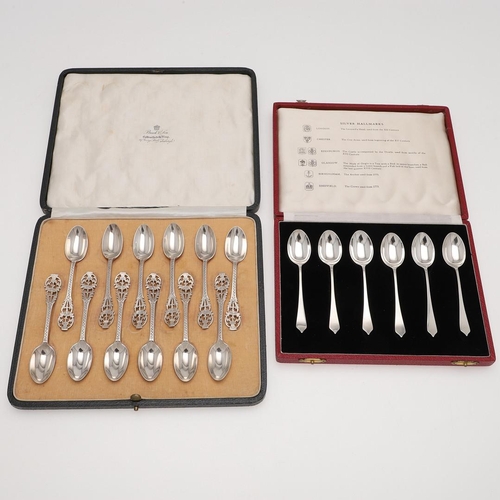 49 - TWO CASED SETS OF SILVER TEASPOONS. a set of twelve, with bright-cut stems and thistle terminals, by... 