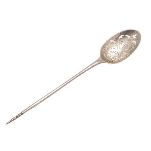 5 - A MID-18TH CENTURY SILVER MOTE SPOON. the bowl with pierced scrolls, drilled holes and a single drop... 