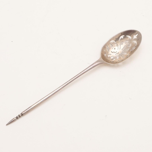 5 - A MID-18TH CENTURY SILVER MOTE SPOON. the bowl with pierced scrolls, drilled holes and a single drop... 