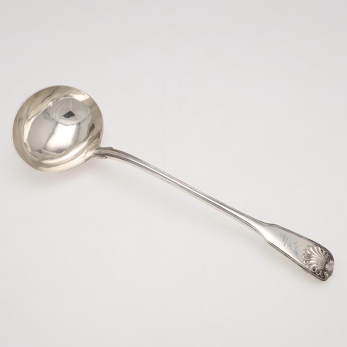 50 - A VICTORIAN SILVER FIDDLE THREAD & SHELL PATTERN SOUP LADLE. crested, by Elizabeth Eaton, London 184... 