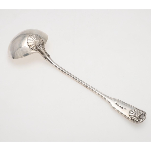 50 - A VICTORIAN SILVER FIDDLE THREAD & SHELL PATTERN SOUP LADLE. crested, by Elizabeth Eaton, London 184... 