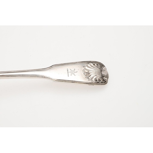 50 - A VICTORIAN SILVER FIDDLE THREAD & SHELL PATTERN SOUP LADLE. crested, by Elizabeth Eaton, London 184... 