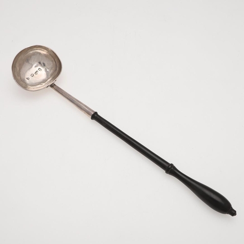 54 - A GEORGE II SILVER PUNCH LADLE. with an oval shaped bowl and a turned wooden handle, makers mark 