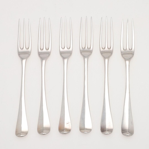 55 - A SET OF SIX GEORGE I SILVER HANOVERIAN PATTERN DESSERT FORKS. crested, makers mark distorted, Londo... 