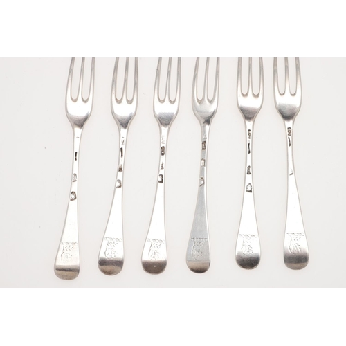 55 - A SET OF SIX GEORGE I SILVER HANOVERIAN PATTERN DESSERT FORKS. crested, makers mark distorted, Londo... 