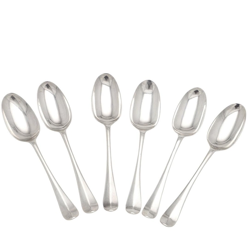 56 - A SET OF SIX GEORGE I SILVER HANOVERIAN PATTERN DESSERT SPOONS. crested, makers mark distorted, Lond... 