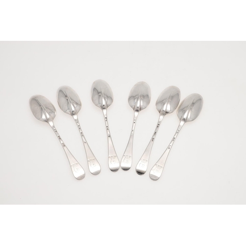 56 - A SET OF SIX GEORGE I SILVER HANOVERIAN PATTERN DESSERT SPOONS. crested, makers mark distorted, Lond... 