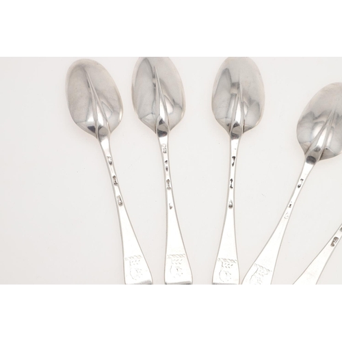 56 - A SET OF SIX GEORGE I SILVER HANOVERIAN PATTERN DESSERT SPOONS. crested, makers mark distorted, Lond... 