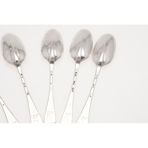 56 - A SET OF SIX GEORGE I SILVER HANOVERIAN PATTERN DESSERT SPOONS. crested, makers mark distorted, Lond... 