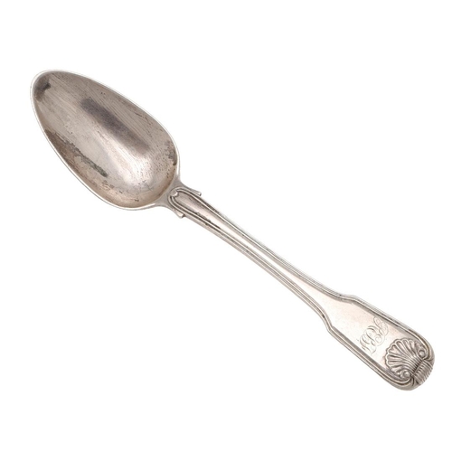 58 - A LATE 18TH/ EARLY 19TH CENTURY CHINA TRADE SILVER DESSERT SPOON. Fiddle, Thread & Shell pattern, in... 