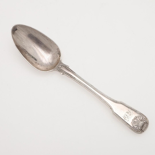 58 - A LATE 18TH/ EARLY 19TH CENTURY CHINA TRADE SILVER DESSERT SPOON. Fiddle, Thread & Shell pattern, in... 