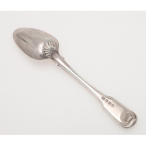 58 - A LATE 18TH/ EARLY 19TH CENTURY CHINA TRADE SILVER DESSERT SPOON. Fiddle, Thread & Shell pattern, in... 