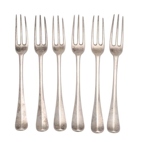 59 - A SET OF SIX GEORGE I SILVER HANOVERIAN PATTERN DESSERT FORKS. crested, makers mark distorted, Londo... 