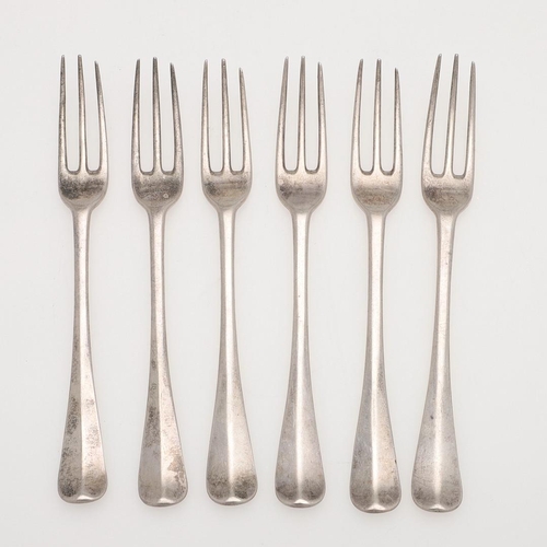 59 - A SET OF SIX GEORGE I SILVER HANOVERIAN PATTERN DESSERT FORKS. crested, makers mark distorted, Londo... 